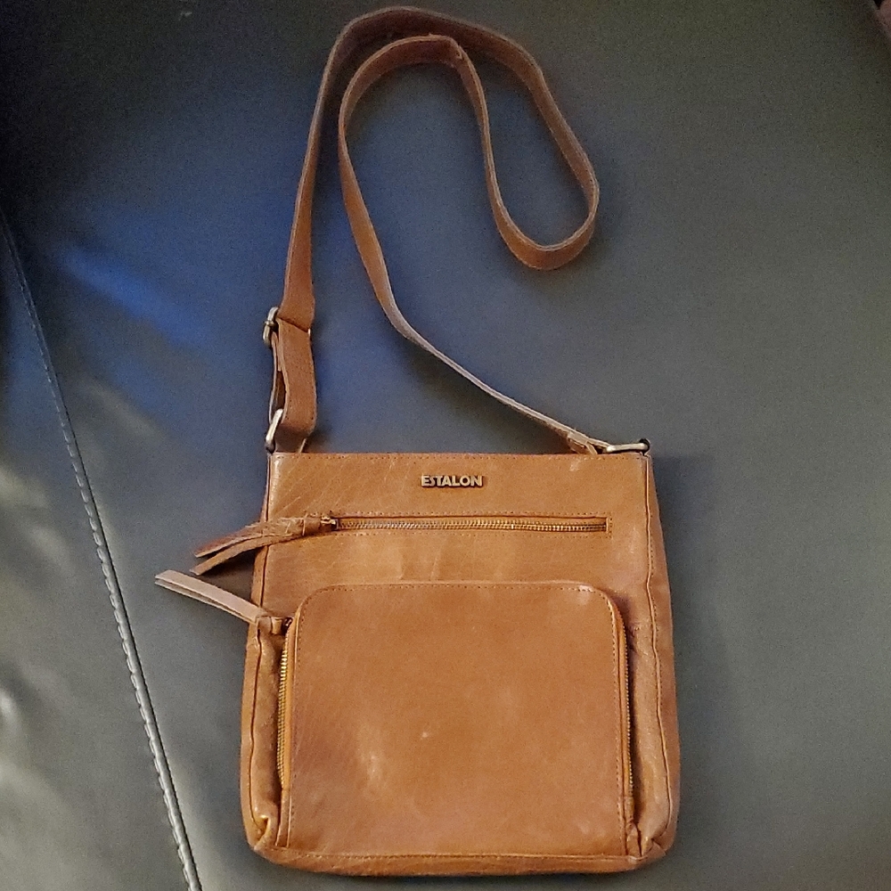 ESTALON GENUINE Tan Leather Crossbody Shouder Bag Purse